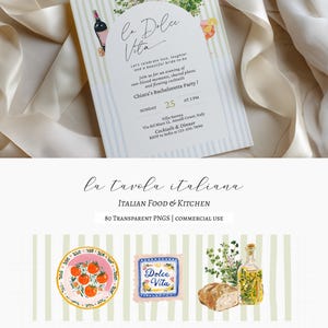 Bring the warmth of an Italian table into your designs with this refined collection of food, kitchen, and lifestyle elements, inspired by Mediterranean summers and the timeless feeling of la dolce vita. This set brings together Italian food, kitchen elements, and everyday table details — from pasta dishes and fresh ingredients to ceramics, linens, and small café touches. 

• Menu design & restaurant branding
• Wedding stationery & dinner party invitations
• Recipe cards & kitchen prints