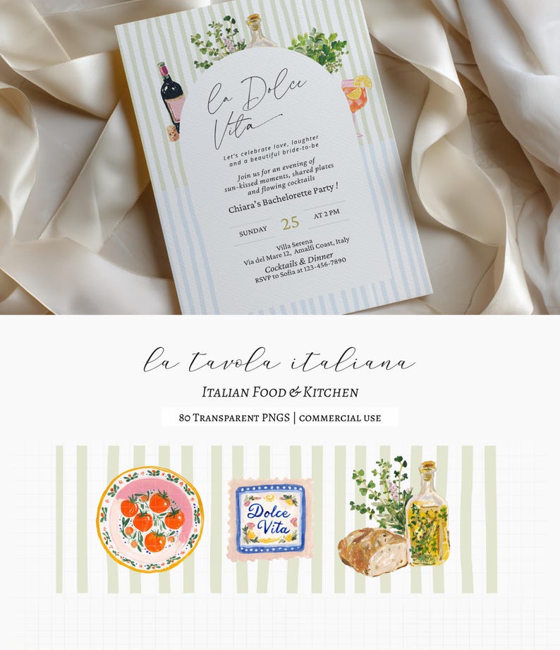 Bring the warmth of an Italian table into your designs with this refined collection of food, kitchen, and lifestyle elements, inspired by Mediterranean summers and the timeless feeling of la dolce vita. This set brings together Italian food, kitchen elements, and everyday table details — from pasta dishes and fresh ingredients to ceramics, linens, and small café touches. 

• Menu design & restaurant branding
• Wedding stationery & dinner party invitations
• Recipe cards & kitchen prints