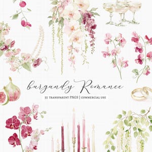 Pode incluir: Uma coleção digital de ilustrações em aquarela intitulada Burgundy Romance, apresentando orquídeas rosas e bordô, ervilhas-de-cheiro, figos, um colar de pérolas, taças de champanhe, anéis de ouro e velas em suportes dourados sobre um fundo quadriculado.