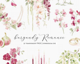 Peut inclure: Une collection numérique d'illustrations à l'aquarelle intitulée Burgundy Romance, comprenant des orchidées roses et bordeaux, des pois de senteur, des figues, un collier de perles, des coupes de champagne, des alliances et des bougies.