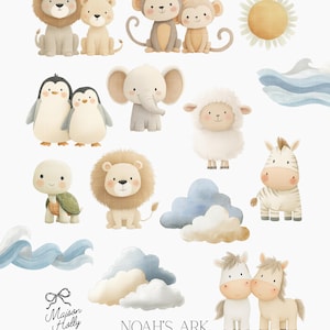 K&ouml;nnte beinhalten: Aquarellillustrationen verschiedener Tiere, darunter L&ouml;wen, Affen, Pinguine, ein Elefant, ein Schaf, ein Zebra, eine Schildkr&ouml;te, Wolken und Pferde. Der Text "NOAH'S ARK" ist zu sehen. Das Bild ist mit 40 Cliparts versehen und f&uuml;r den kommerziellen Gebrauch bestimmt.