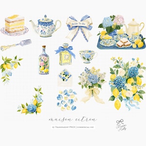 Maison Citron, a clipart collection inspired by Mediterranean garden parties, blue hydrangeas, sun-ripened lemons, elegant tea gatherings, and summer celebrations. This collection features citrus elements, floral accents, porcelain tableware, desserts, and bridal details. 

Perfect for bridal shower invitations, wedding stationery, tea party decor, summer event signage, greeting cards, scrapbook projects, branding, social media graphics, party decorations, and creative DIY projects.