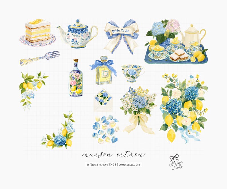 Maison Citron, a clipart collection inspired by Mediterranean garden parties, blue hydrangeas, sun-ripened lemons, elegant tea gatherings, and summer celebrations. This collection features citrus elements, floral accents, porcelain tableware, desserts, and bridal details. 

Perfect for bridal shower invitations, wedding stationery, tea party decor, summer event signage, greeting cards, scrapbook projects, branding, social media graphics, party decorations, and creative DIY projects.