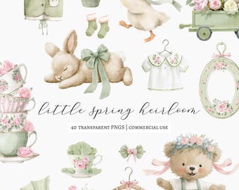 40 Little Spring Heirloom Baby Clipart Set, Watercolor Nursery Clipart, Bunny Goose Teddy Bear, Spring Floral, Baby Shower Decor, Tea Party