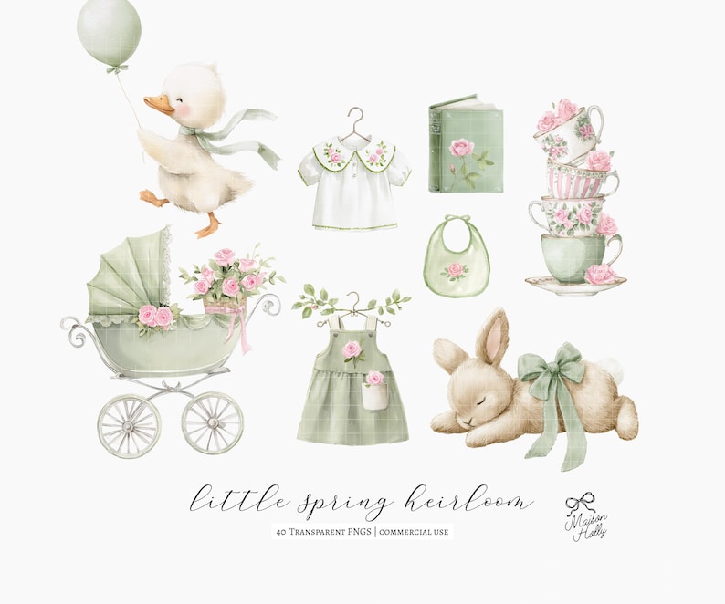 Baby Shower Graphics Rabbit 40 Little Spring Heirloom Baby Clipart Set, Watercolor Nursery Clipart ...