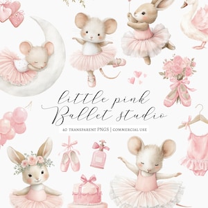 May include: Watercolor illustrations of ballet-themed elements in soft pink tones. Features include dancing mice and bunnies in tutus, ballet shoes, a swan, a cake, and the text "little pink Ballet Studio".