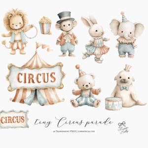 Bring a gentle carnival feeling to your designs with this Vintage Circus Parade Clipart Set — a collection of 45 watercolor-style illustrations featuring parade-ready circus animals and classic circus details. Everything comes as high-quality PNG files with transparent backgrounds, ready to drop into your project.

Use these illustrations for
• nursery wall art and children’s décor
• circus or carnival birthday invitations
• baby shower themes
• branding and small business packaging