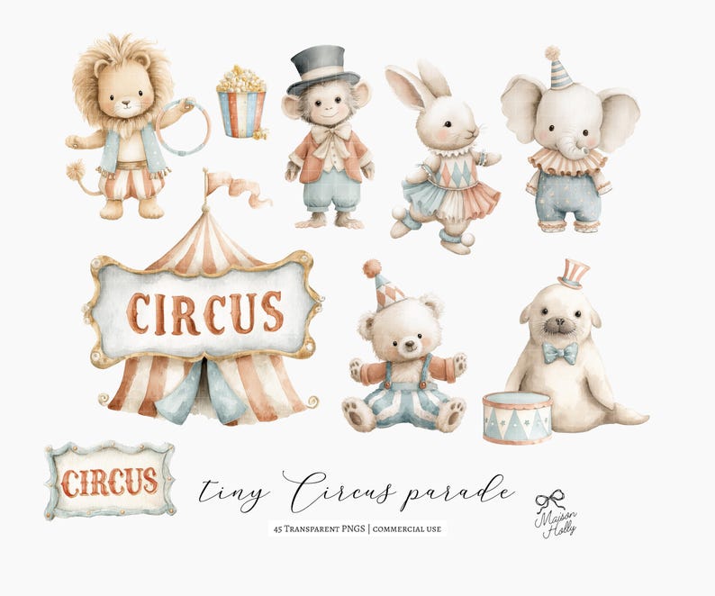 Bring a gentle carnival feeling to your designs with this Vintage Circus Parade Clipart Set — a collection of 45 watercolor-style illustrations featuring parade-ready circus animals and classic circus details. Everything comes as high-quality PNG files with transparent backgrounds, ready to drop into your project.

Use these illustrations for
• nursery wall art and children’s décor
• circus or carnival birthday invitations
• baby shower themes
• branding and small business packaging