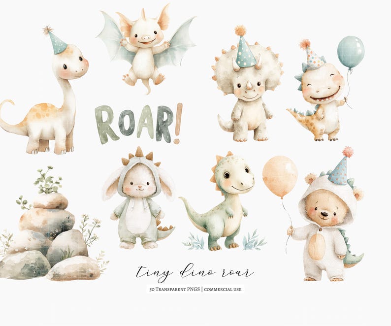 50 Cute Dinosaur Clipart PNG Bundle, Pastel Baby Dino Clipart Set, T ...
