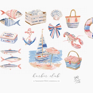 A collection of 55 coastal cliparts inspired by vintage fishing villages, seaside markets, striped harbor resorts, nautical paper goods, and relaxed summer life by the sea.

This collection blends fisherman aesthetic charm with soft editorial coastal styling, featuring sardines, lobster dinners, seafood market details, striped seaside elements, harbor objects, vintage nautical ephemera, ropes, sailboats, oysters, shells, postcards, and weathered dock textures.