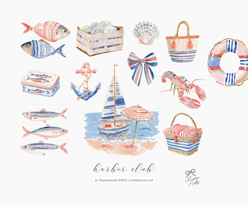 A collection of 55 coastal cliparts inspired by vintage fishing villages, seaside markets, striped harbor resorts, nautical paper goods, and relaxed summer life by the sea.

This collection blends fisherman aesthetic charm with soft editorial coastal styling, featuring sardines, lobster dinners, seafood market details, striped seaside elements, harbor objects, vintage nautical ephemera, ropes, sailboats, oysters, shells, postcards, and weathered dock textures.