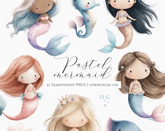 32 süße Meerjungfrau Clipart - Pastell Meerjungfrau Clipart, Pastell Ozean Tiere, unter dem Meer Clipart, Kinderzimmer Meerjungfrau Kunst