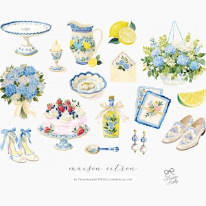 Maison Citron, a clipart collection inspired by Mediterranean garden parties, blue hydrangeas, sun-ripened lemons, elegant tea gatherings, and summer celebrations. This collection features citrus elements, floral accents, porcelain tableware, desserts, and bridal details. 

Perfect for bridal shower invitations, wedding stationery, tea party decor, summer event signage, greeting cards, scrapbook projects, branding, social media graphics, party decorations, and creative DIY projects.