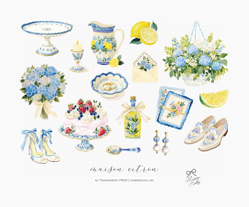 Maison Citron, a clipart collection inspired by Mediterranean garden parties, blue hydrangeas, sun-ripened lemons, elegant tea gatherings, and summer celebrations. This collection features citrus elements, floral accents, porcelain tableware, desserts, and bridal details. 

Perfect for bridal shower invitations, wedding stationery, tea party decor, summer event signage, greeting cards, scrapbook projects, branding, social media graphics, party decorations, and creative DIY projects.