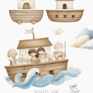 K&ouml;nnte beinhalten: Aquarell-Illustration der Arche Noah mit Tieren, Menschen und einer Taube. Die Arche ist hellbraun mit wei&szlig;em Dach und kleiner Flagge. Der Text "NOAH'S ARK" befindet sich am unteren Bildrand.