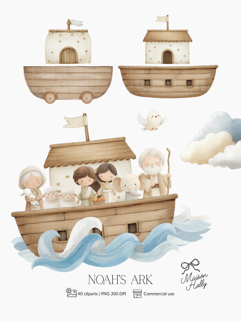 K&ouml;nnte beinhalten: Aquarell-Illustration der Arche Noah mit Tieren, Menschen und einer Taube. Die Arche ist hellbraun mit wei&szlig;em Dach und kleiner Flagge. Der Text "NOAH'S ARK" befindet sich am unteren Bildrand.