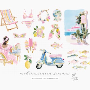 A collection of 60+ cliparts inspired by colorful Mediterranean summers, Amalfi Coast vacations, striped beach clubs, Italian seaside towns, resort fashion, travel postcards, citrus markets, and feminine coastal styling. this collection captures the feeling of a stylish summer holiday along the Italian coast.

Perfect for:
• Summer branding
• Travel stationery
• Scrapbooking & journaling
• Invitations & party decor
• Wrapping paper & fabric design
• Coastal boutique projects
• Summer packaging