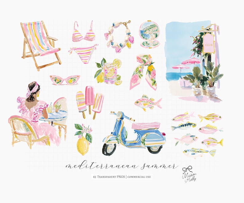 A collection of 60+ cliparts inspired by colorful Mediterranean summers, Amalfi Coast vacations, striped beach clubs, Italian seaside towns, resort fashion, travel postcards, citrus markets, and feminine coastal styling. this collection captures the feeling of a stylish summer holiday along the Italian coast.

Perfect for:
• Summer branding
• Travel stationery
• Scrapbooking & journaling
• Invitations & party decor
• Wrapping paper & fabric design
• Coastal boutique projects
• Summer packaging