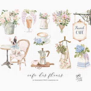 Bring the charm of a Parisian café to your next project with this collection of 60 watercolor coffee shop and floral cliparts.

Filled with elegant coffee drinks, French pastries, blooming flowers, café details, and bakery elements, this collection is perfect for wedding stationery, bridal showers, baby showers, brunch invitations, café branding, bakery menus, greeting cards, planners, stickers, wall art, and DIY creative projects.