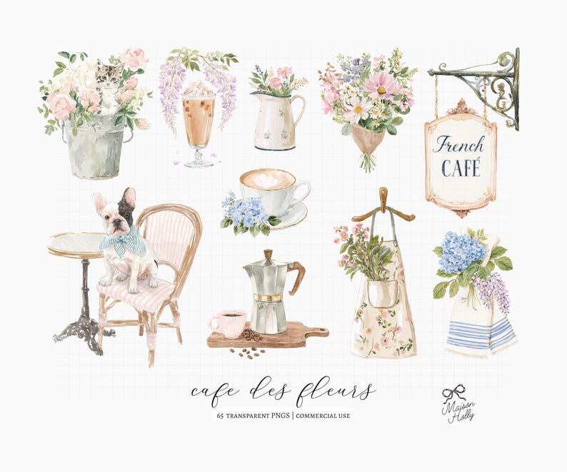 Bring the charm of a Parisian café to your next project with this collection of 60 watercolor coffee shop and floral cliparts.

Filled with elegant coffee drinks, French pastries, blooming flowers, café details, and bakery elements, this collection is perfect for wedding stationery, bridal showers, baby showers, brunch invitations, café branding, bakery menus, greeting cards, planners, stickers, wall art, and DIY creative projects.