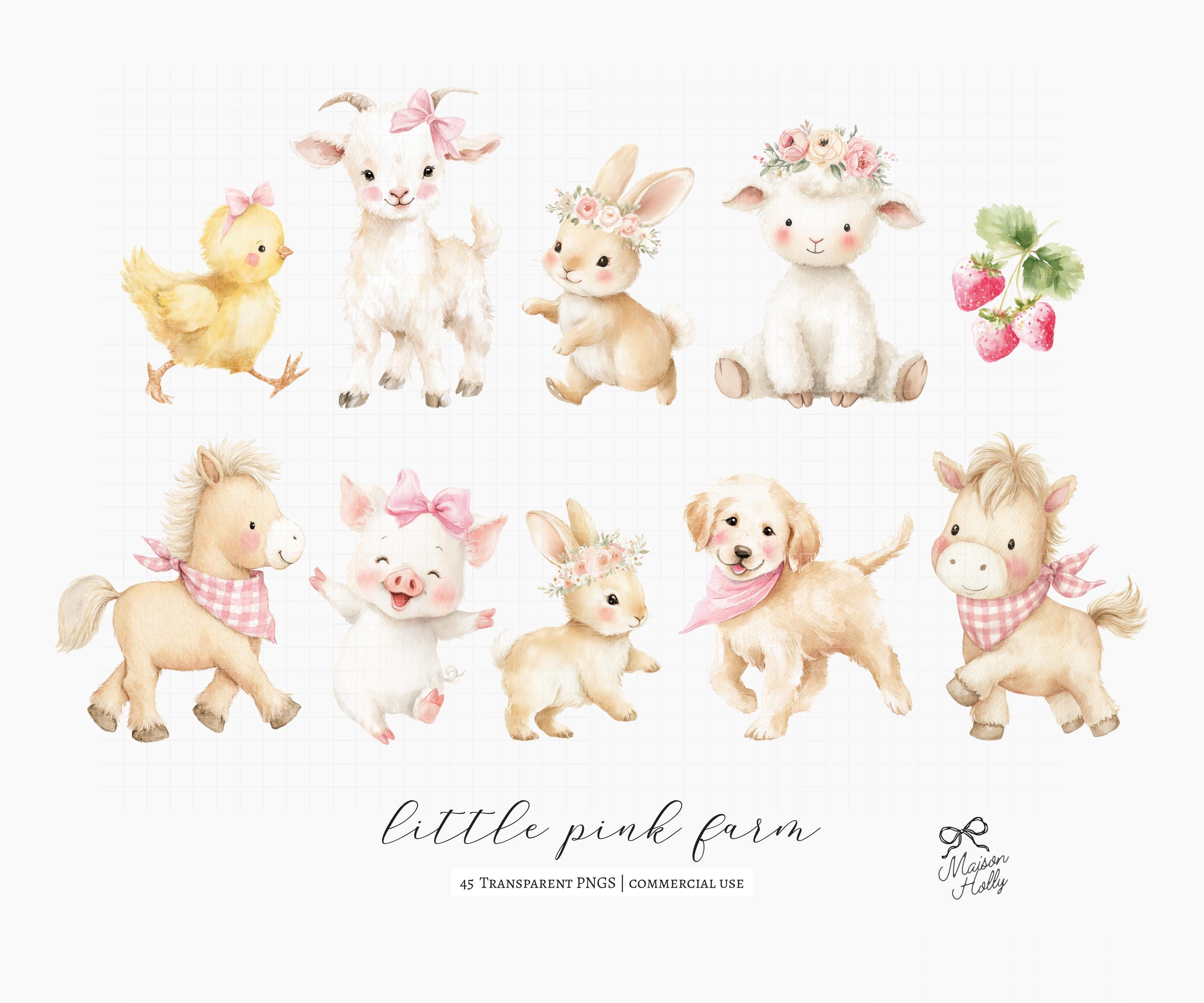 45 Farm Animals Clipart Bundle, Pastel Pink Barnyard Watercolor PNG ...
