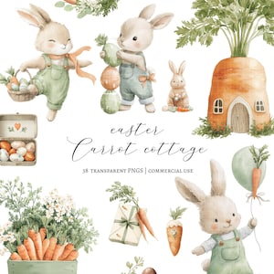Może przedstawiać: Ilustracja akwarelowa z motywem wielkanocnym. Przedstawia króliki, marchewki, jajka i domek w kształcie marchewki. Wyświetlany jest tekst "Easter Carrot Cottage". Zawiera wózek wypełniony marchewkami i królika z balonem.