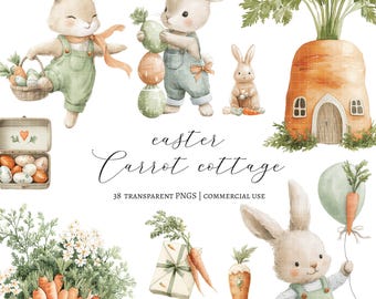 38 Easter Bunny Clipart Set, Carrot Bunny Watercolor PNG Bundle, Spring Rabbit Nursery Graphics, Cute Easter Clip Art for Cards & Crafts