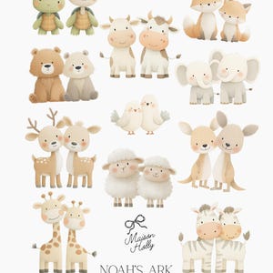 K&ouml;nnte beinhalten: Eine Sammlung von Aquarell-Tier-Clipart, darunter Schildkr&ouml;ten, K&uuml;he, F&uuml;chse, B&auml;ren, Elefanten, V&ouml;gel, Hirsche, Schafe, K&auml;ngurus, Giraffen und Zebras. Der Text "Maison Holly" und "NOAH'S ARK" ist ebenfalls vorhanden.