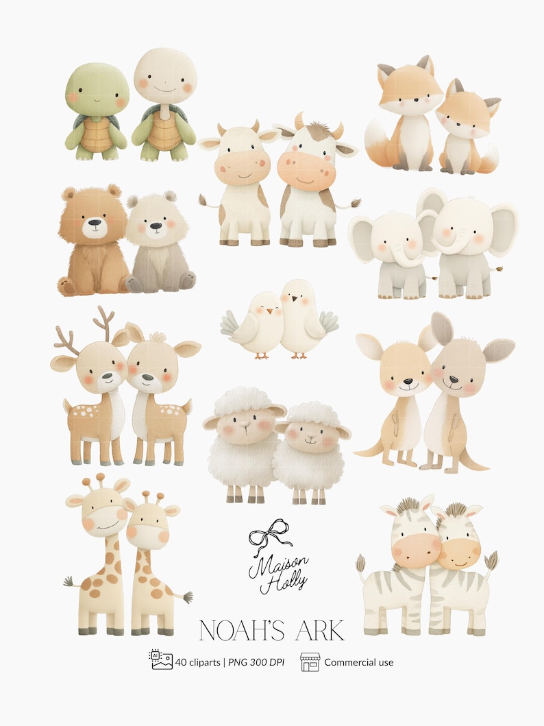 K&ouml;nnte beinhalten: Eine Sammlung von Aquarell-Tier-Clipart, darunter Schildkr&ouml;ten, K&uuml;he, F&uuml;chse, B&auml;ren, Elefanten, V&ouml;gel, Hirsche, Schafe, K&auml;ngurus, Giraffen und Zebras. Der Text "Maison Holly" und "NOAH'S ARK" ist ebenfalls vorhanden.