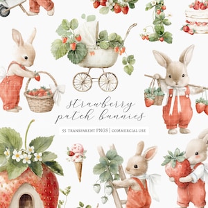 Puede incluir: Ilustraciones de acuarela de conejitos con monos rojos, llevando fresas y cestas. La imagen incluye un cochecito de bebé, una casa de fresas y el texto "Strawberry patch bunnies".