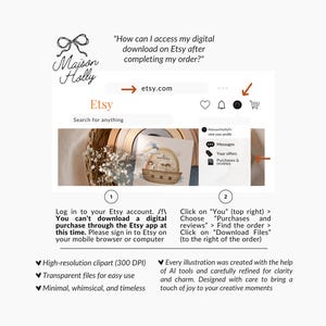 K&ouml;nnte beinhalten: Ein Etsy-Screenshot, der zeigt, wie man digitale Dateien nach dem Kauf herunterl&auml;dt. Das Bild enth&auml;lt das Etsy-Logo, eine Suchleiste und Anweisungen zum Auffinden des Download-Links in den Kontoeinstellungen. Text: "Maison Holly" und "Wie kann ich meinen digitalen Download auf Etsy abrufen?"