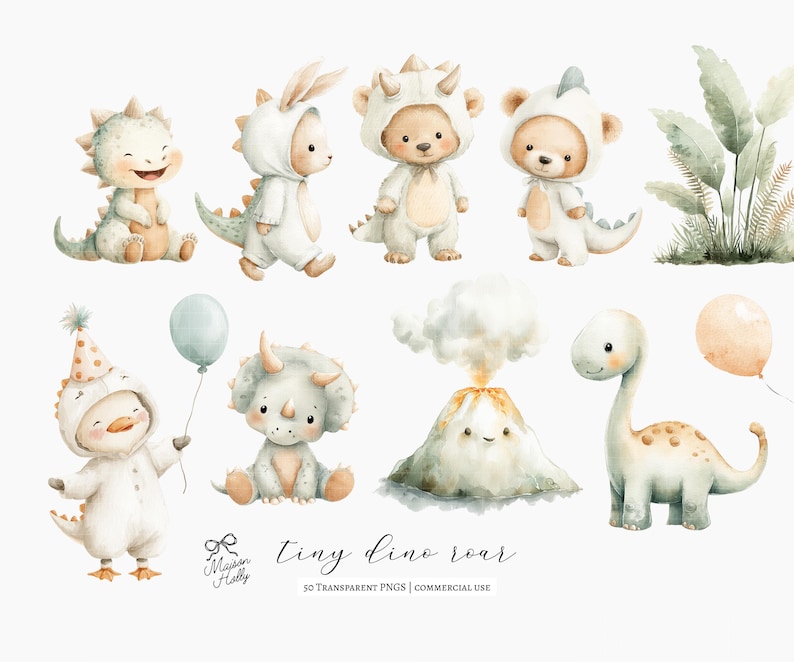 50 Cute Dinosaur Clipart PNG Bundle, Pastel Baby Dino Clipart Set, T ...