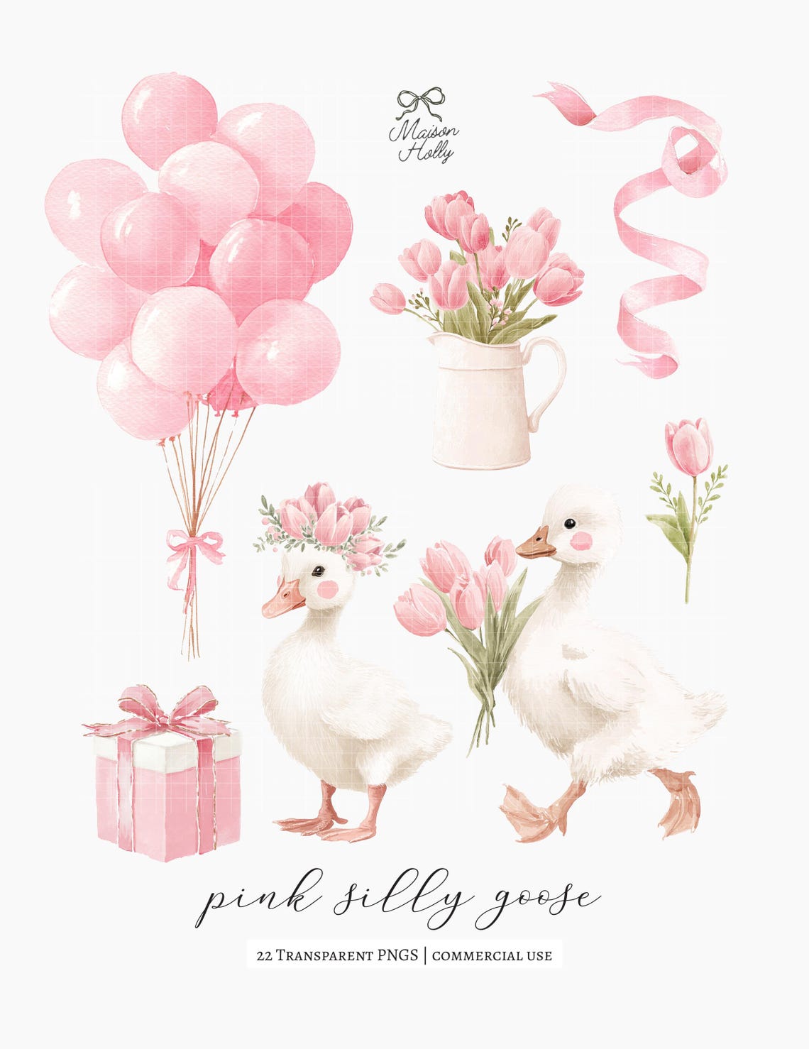 22 Watercolor Silly Goose Clipart Set, Pink Gosling PNG, Baby Girl ...