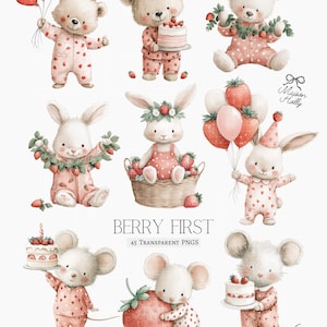 Bring a burst of berry Strawberry to your next project with this adorable Strawberry Clipart Set! This collection features 45 watercolor PNGs, perfect for baby showers, berry first birthdays, nursery decor, and playful crafts. Inside you’ll find blueberry animals, cute woodland friends, and plenty of whimsical berry details.  Each design comes as a high-resolution PNG with a transparent background, making it easy to use for invitations, party decor, scrapbooking, wall art, and more.
