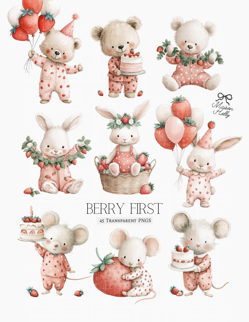 Bring a burst of berry Strawberry to your next project with this adorable Strawberry Clipart Set! This collection features 45 watercolor PNGs, perfect for baby showers, berry first birthdays, nursery decor, and playful crafts. Inside you’ll find blueberry animals, cute woodland friends, and plenty of whimsical berry details.  Each design comes as a high-resolution PNG with a transparent background, making it easy to use for invitations, party decor, scrapbooking, wall art, and more.