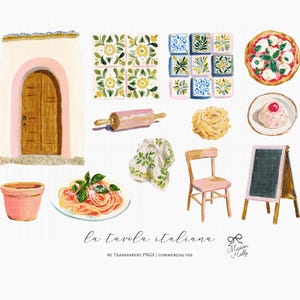 Bring the warmth of an Italian table into your designs with this refined collection of food, kitchen, and lifestyle elements, inspired by Mediterranean summers and the timeless feeling of la dolce vita. This set brings together Italian food, kitchen elements, and everyday table details — from pasta dishes and fresh ingredients to ceramics, linens, and small café touches. 

• Menu design & restaurant branding
• Wedding stationery & dinner party invitations
• Recipe cards & kitchen prints