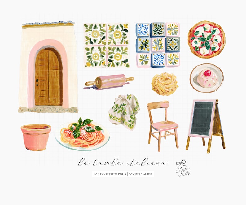 Bring the warmth of an Italian table into your designs with this refined collection of food, kitchen, and lifestyle elements, inspired by Mediterranean summers and the timeless feeling of la dolce vita. This set brings together Italian food, kitchen elements, and everyday table details — from pasta dishes and fresh ingredients to ceramics, linens, and small café touches. 

• Menu design & restaurant branding
• Wedding stationery & dinner party invitations
• Recipe cards & kitchen prints