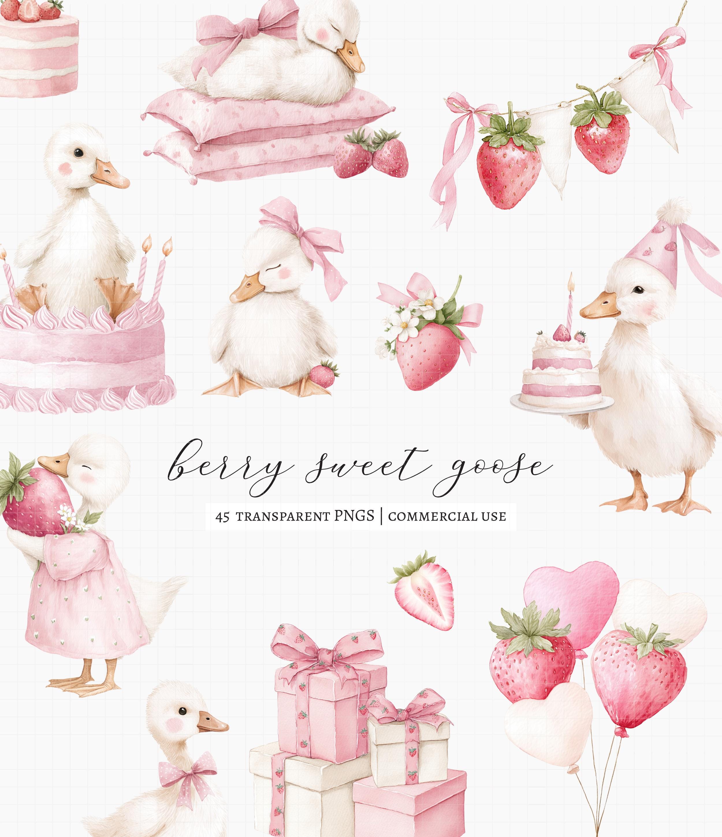 45 Berry Sweet Goose Clipart Bundle, Strawberry Birthday Watercolor ...