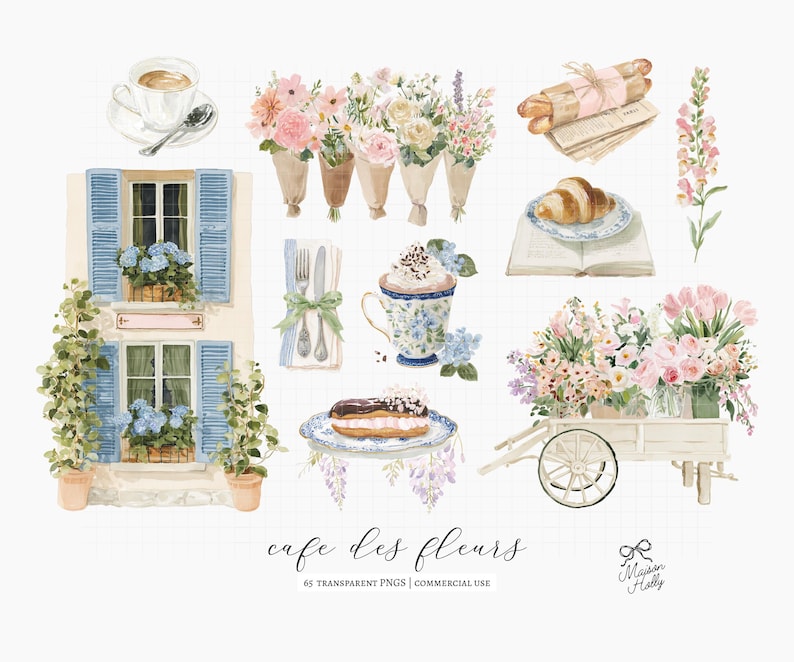 Bring the charm of a Parisian café to your next project with this collection of 60 watercolor coffee shop and floral cliparts.

Filled with elegant coffee drinks, French pastries, blooming flowers, café details, and bakery elements, this collection is perfect for wedding stationery, bridal showers, baby showers, brunch invitations, café branding, bakery menus, greeting cards, planners, stickers, wall art, and DIY creative projects.