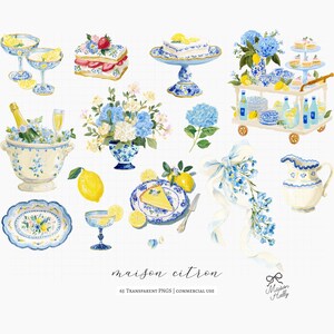 Maison Citron, a clipart collection inspired by Mediterranean garden parties, blue hydrangeas, sun-ripened lemons, elegant tea gatherings, and summer celebrations. This collection features citrus elements, floral accents, porcelain tableware, desserts, and bridal details. 

Perfect for bridal shower invitations, wedding stationery, tea party decor, summer event signage, greeting cards, scrapbook projects, branding, social media graphics, party decorations, and creative DIY projects.