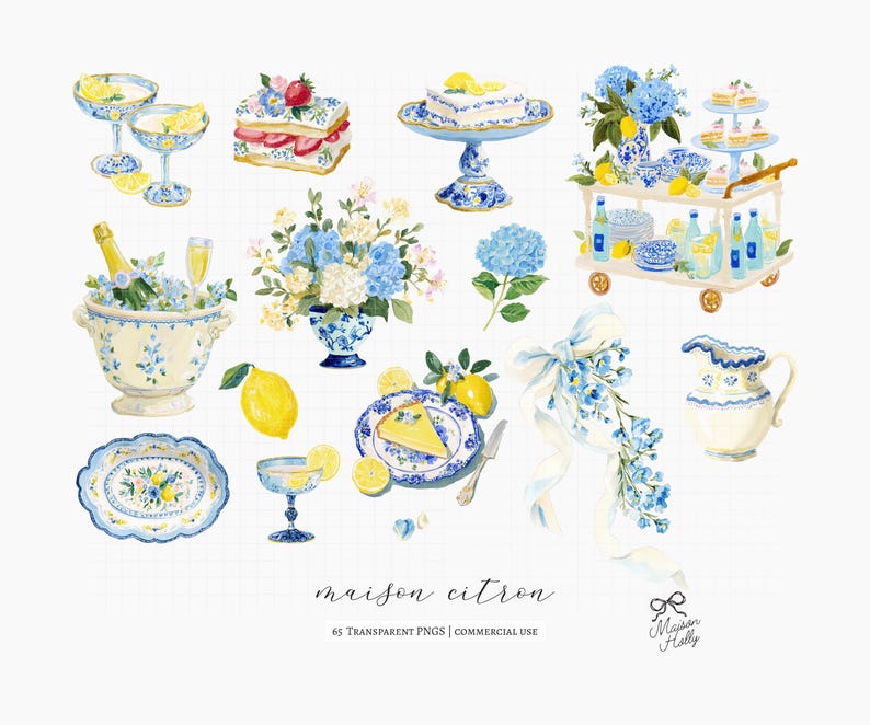 Maison Citron, a clipart collection inspired by Mediterranean garden parties, blue hydrangeas, sun-ripened lemons, elegant tea gatherings, and summer celebrations. This collection features citrus elements, floral accents, porcelain tableware, desserts, and bridal details. 

Perfect for bridal shower invitations, wedding stationery, tea party decor, summer event signage, greeting cards, scrapbook projects, branding, social media graphics, party decorations, and creative DIY projects.