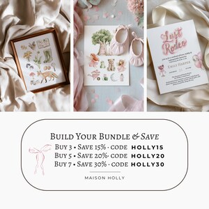 K&ouml;nnte beinhalten: Eine Sammlung von gedruckten Schreibwaren und Kunstwerken mit Aquarellillustrationen eines Fuchses, Waldelementen, M&auml;rchenfiguren und einer Last Rodeo-Einladung. Der Text lautet: Build Your Bundle & Save, Buy 3 Save 15% code HOLLY15, Buy 5 Save 20% code HOLLY20, Buy 7 Save 30% code HOLLY30, Maison Holly.
