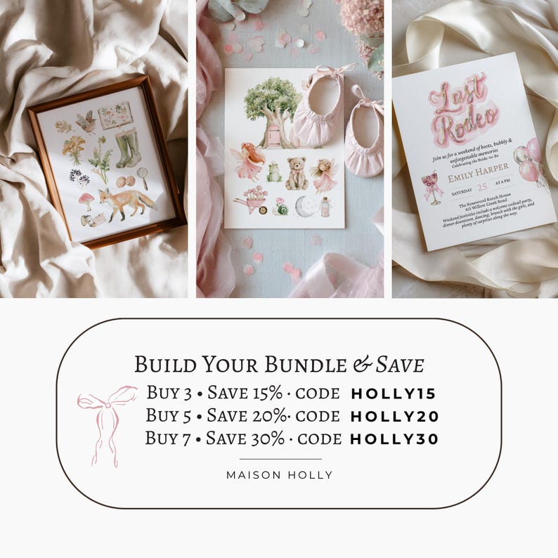 K&ouml;nnte beinhalten: Eine Sammlung von gedruckten Schreibwaren und Kunstwerken mit Aquarellillustrationen eines Fuchses, Waldelementen, M&auml;rchenfiguren und einer Last Rodeo-Einladung. Der Text lautet: Build Your Bundle & Save, Buy 3 Save 15% code HOLLY15, Buy 5 Save 20% code HOLLY20, Buy 7 Save 30% code HOLLY30, Maison Holly.