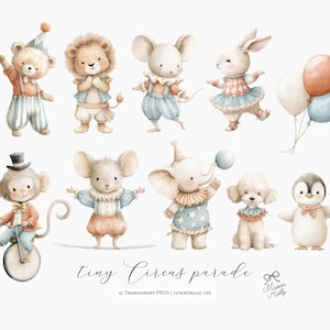 Bring a gentle carnival feeling to your designs with this Vintage Circus Parade Clipart Set — a collection of 45 watercolor-style illustrations featuring parade-ready circus animals and classic circus details. Everything comes as high-quality PNG files with transparent backgrounds, ready to drop into your project.

Use these illustrations for
• nursery wall art and children’s décor
• circus or carnival birthday invitations
• baby shower themes
• branding and small business packaging