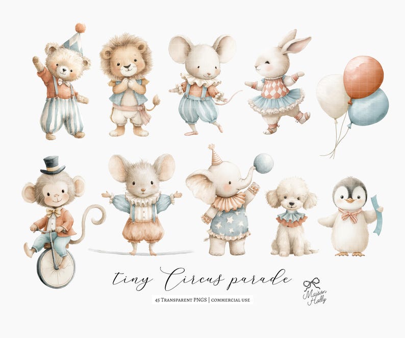 Bring a gentle carnival feeling to your designs with this Vintage Circus Parade Clipart Set — a collection of 45 watercolor-style illustrations featuring parade-ready circus animals and classic circus details. Everything comes as high-quality PNG files with transparent backgrounds, ready to drop into your project.

Use these illustrations for
• nursery wall art and children’s décor
• circus or carnival birthday invitations
• baby shower themes
• branding and small business packaging