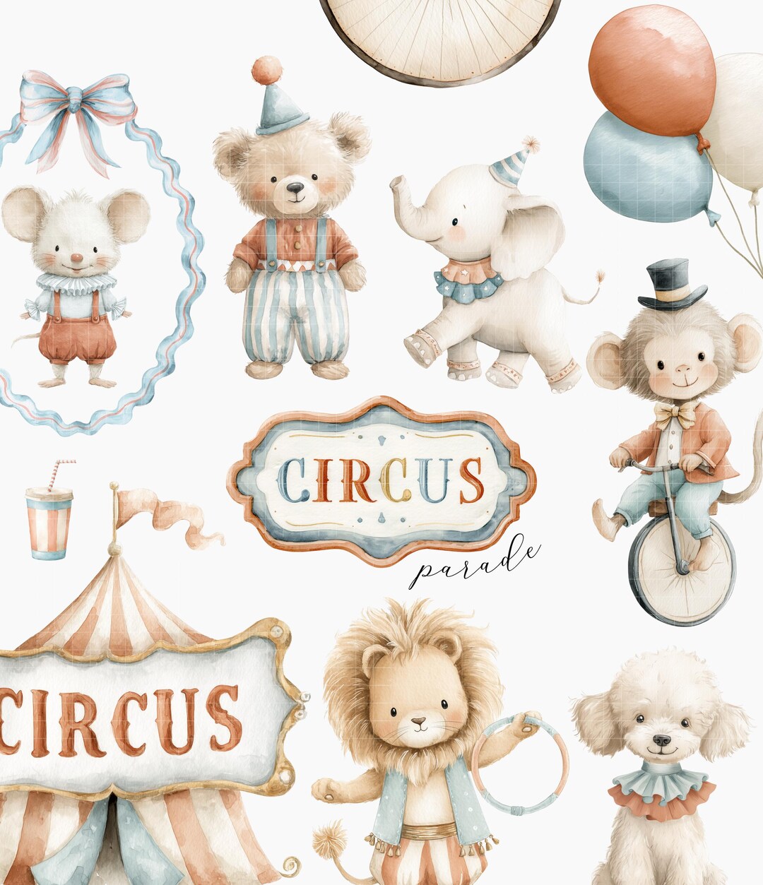 45 Vintage Circus Parade Clipart Set – Watercolor Circus Animals, Baby ...