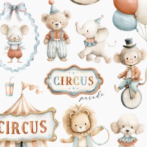 Puede incluir: Ilustración en acuarela con temática de circo, con varios animales y elementos circenses. Incluye un ratón, un oso, un elefante, un mono en bicicleta, un león y un caniche. La imagen también presenta globos, una carpa de circo y la palabra "CIRCUS".