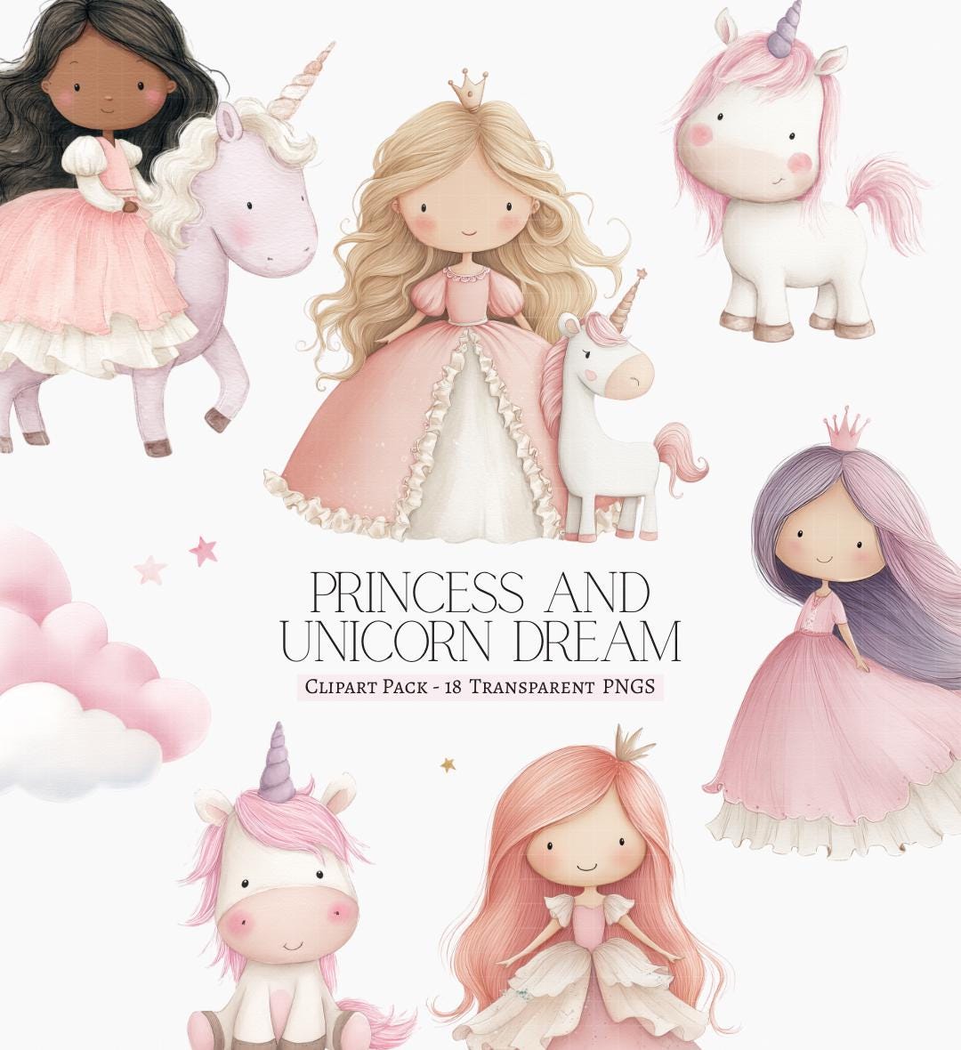 18 Princess & Unicorn Dreams Watercolor Clipart Set – Blush Pink Pastel ...