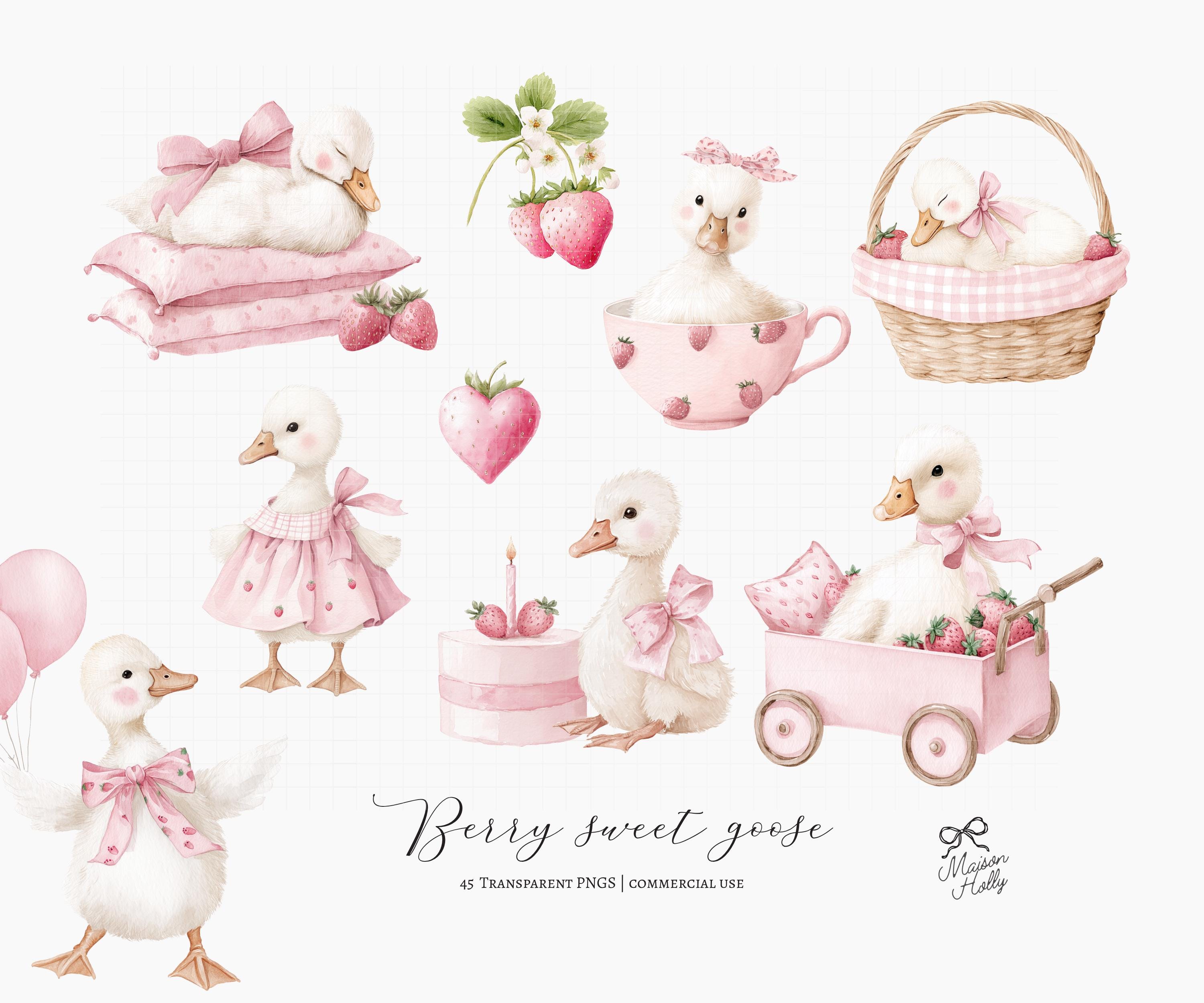 45 Berry Sweet Goose Clipart Bundle, Strawberry Birthday Watercolor ...