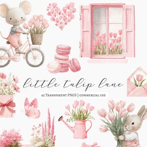 Puede incluir: Ilustraciones en acuarela con una bicicleta rosa, un ratón, tulipanes, macarons, una ventana y un conejo. El texto "little tulip lane" y "42 transparent PNGs | commercial use" también están incluidos.